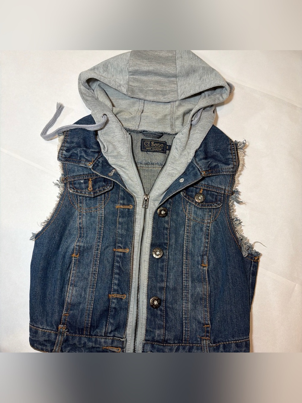 Ci Sono Dark Blue Denim Vest with Gray Hooded Liner